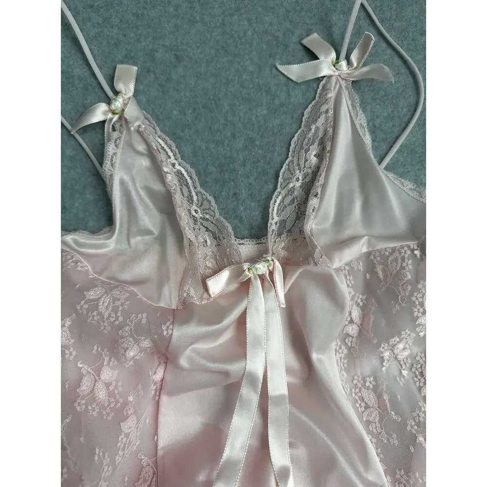 Pink Satin Lace Maxi Nightgown Floral Rosette 58 S Vintage